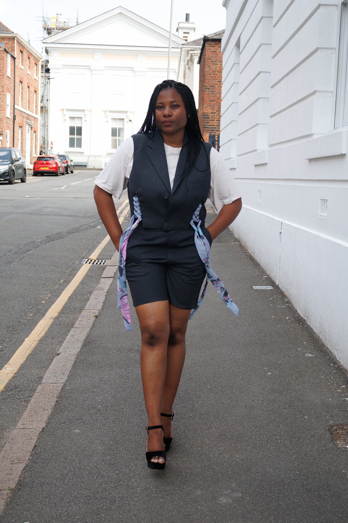 Upcycled waistcoat with straps