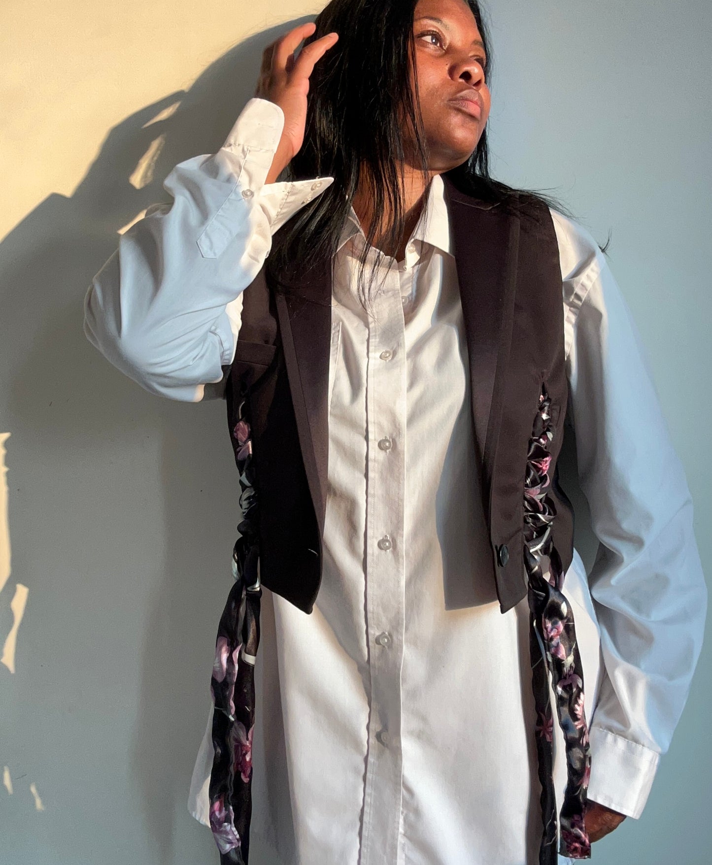 Upcycled waistcoat with straps