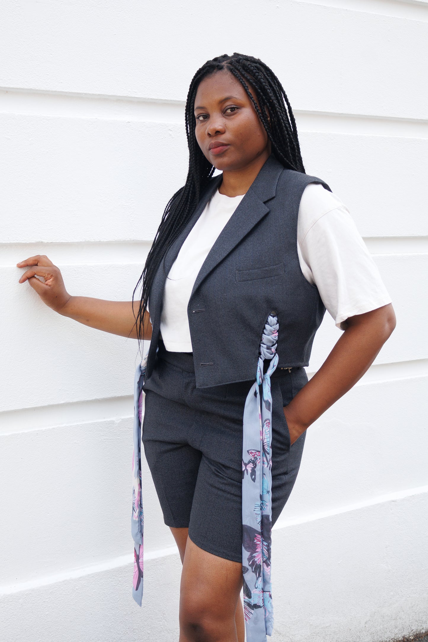 Upcycled waistcoat with straps
