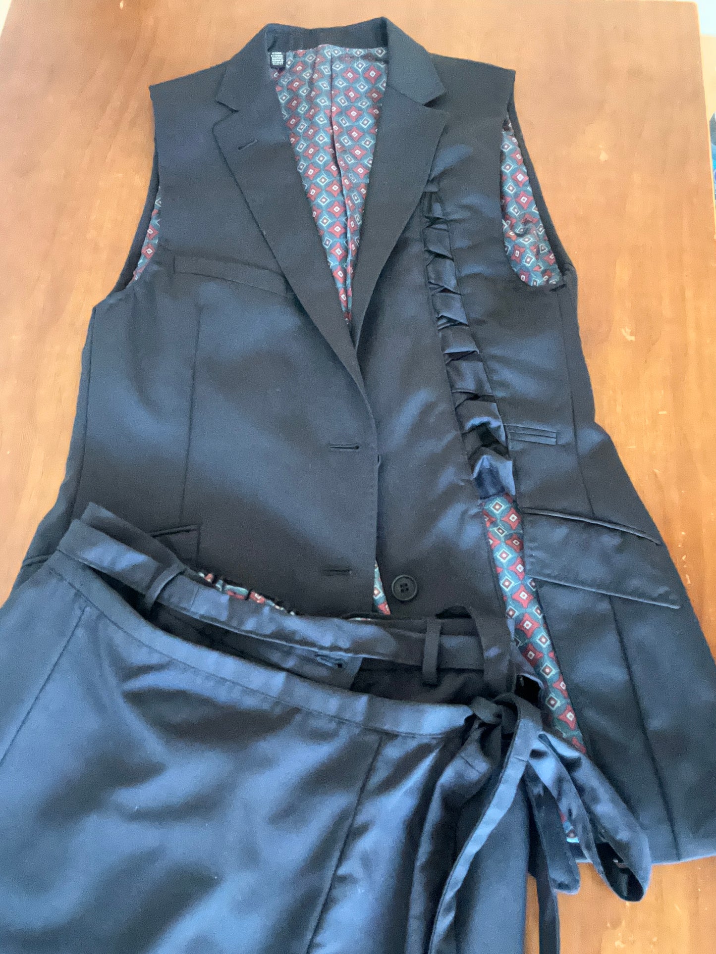 Upcycled long waistcoat and skorts set