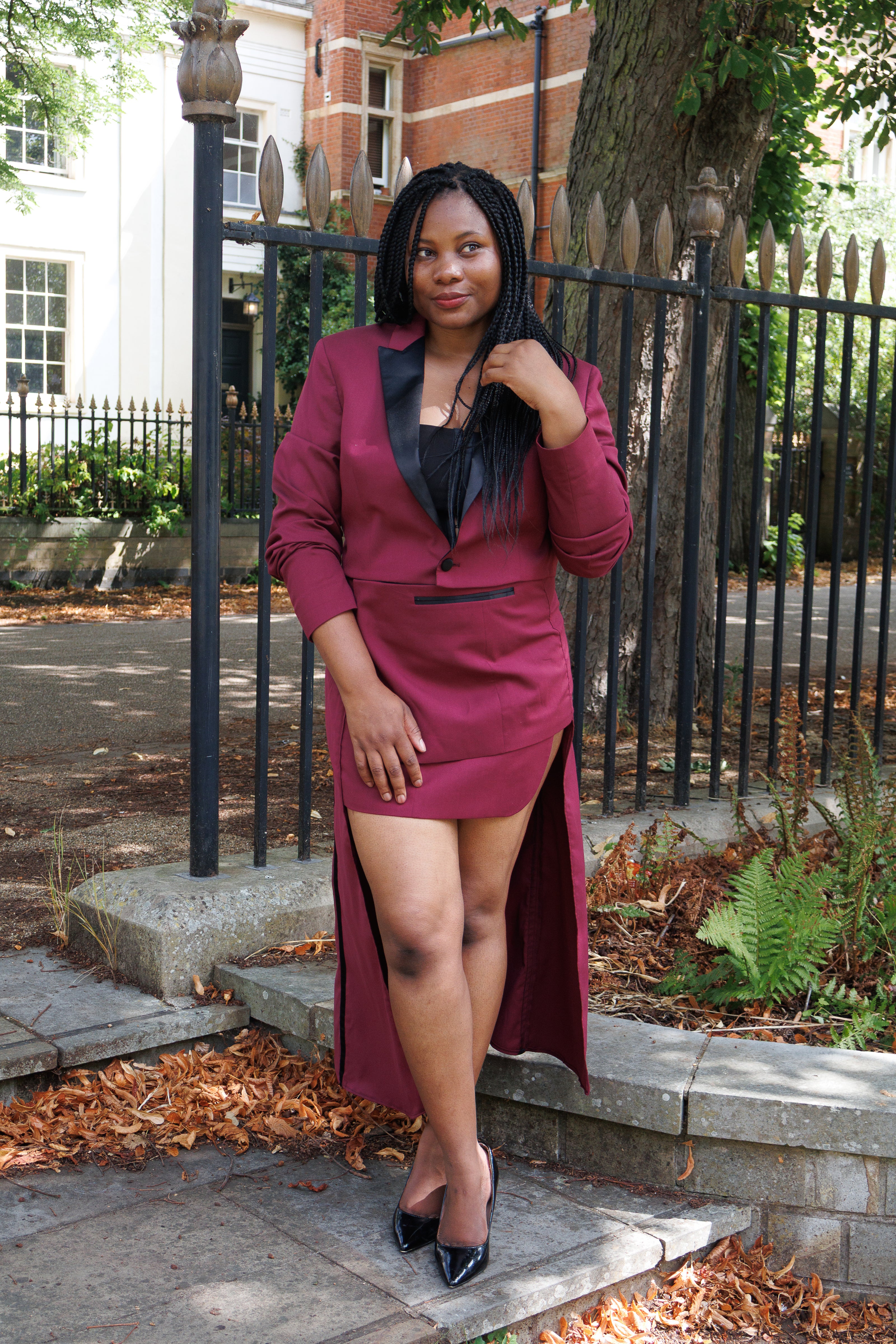 Sarafina  Upcycled blazer and skirt set in maroon / burgundy